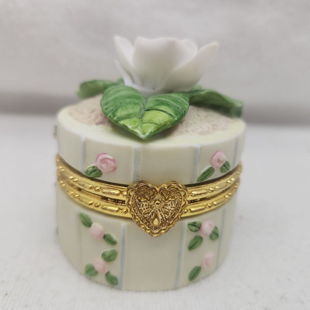 Trinket Box Magnolia Roses Wedding Cake Ring Hinged White Porcelain AGC VTG